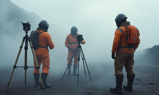 Researchers using equipment near a volcanic vent