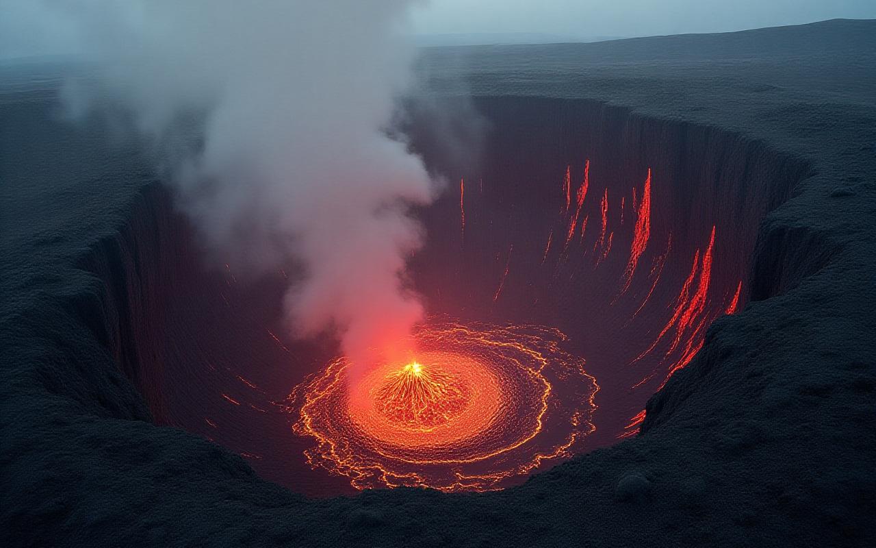 Active volcanic crater with glowing lava flows